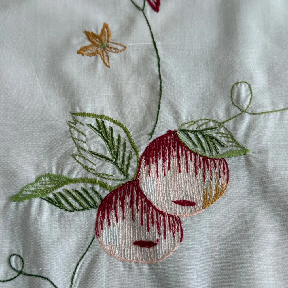 NEW ~ Embroidered Apples & Strawberries White Kitchen Curtain Tiers 60” x 24” - Picture 5 of 14